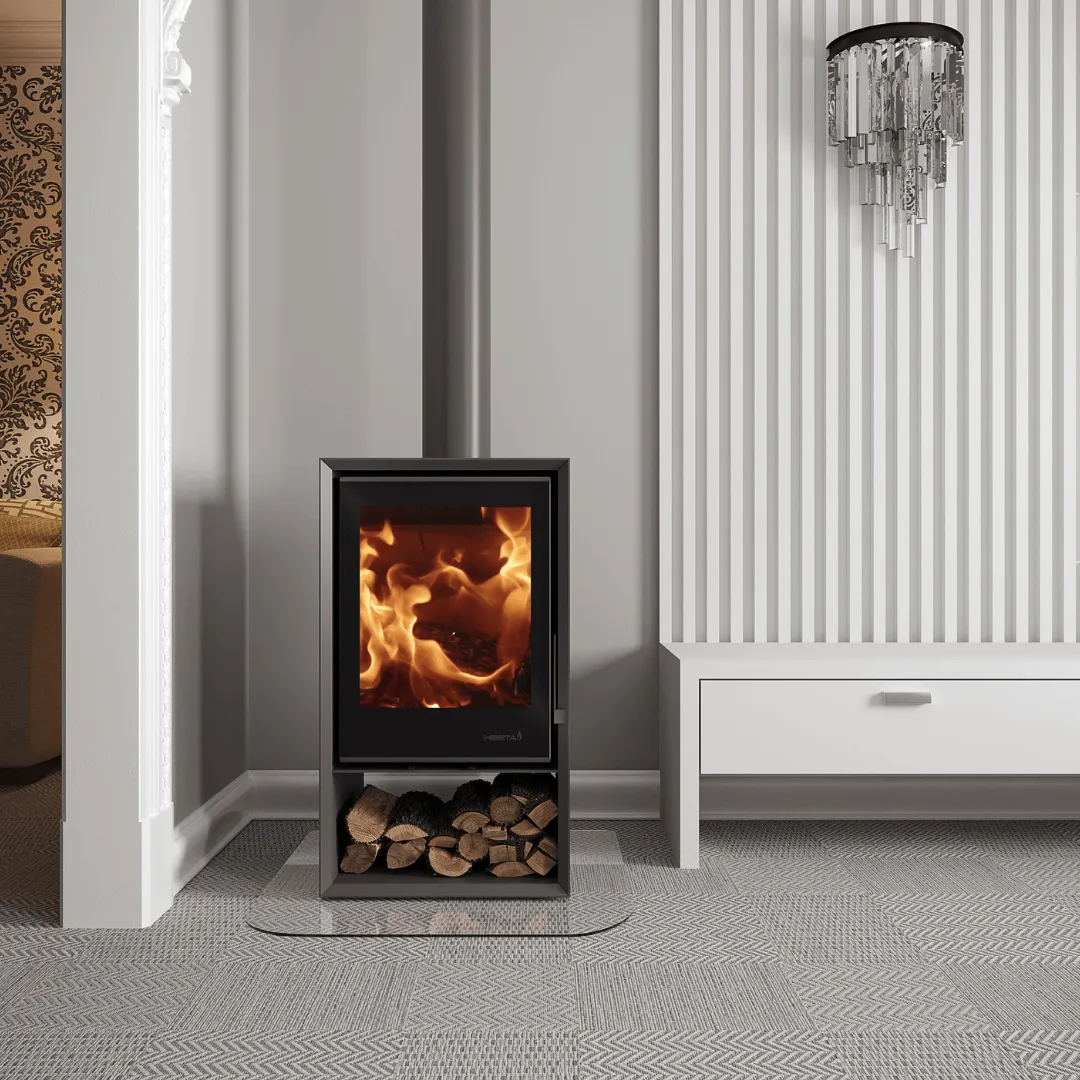 Heeta 500 LB 12kW closed combustion fireplace with logbox — 80% efficiency
