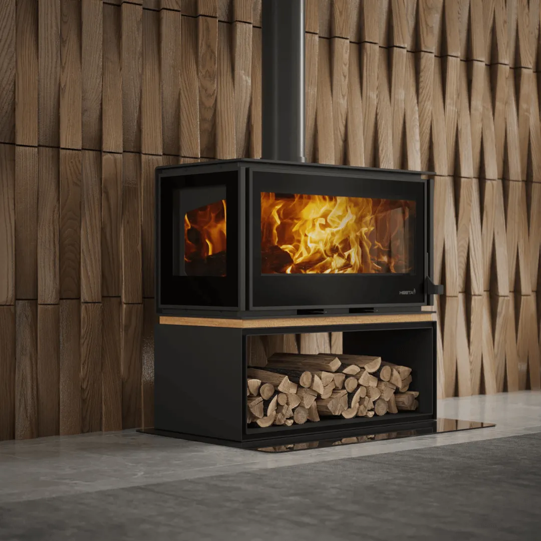 Heeta Oakley Three-Sided panoramic wood fireplace with log base — 8kW to 25kW output